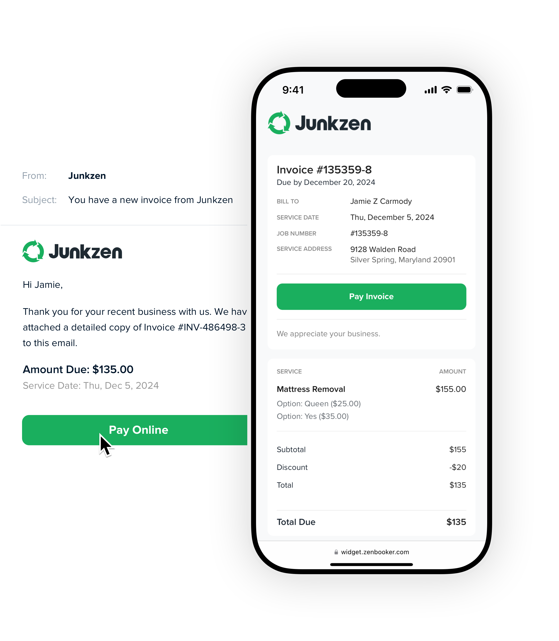 Invoice with payment link on a phone