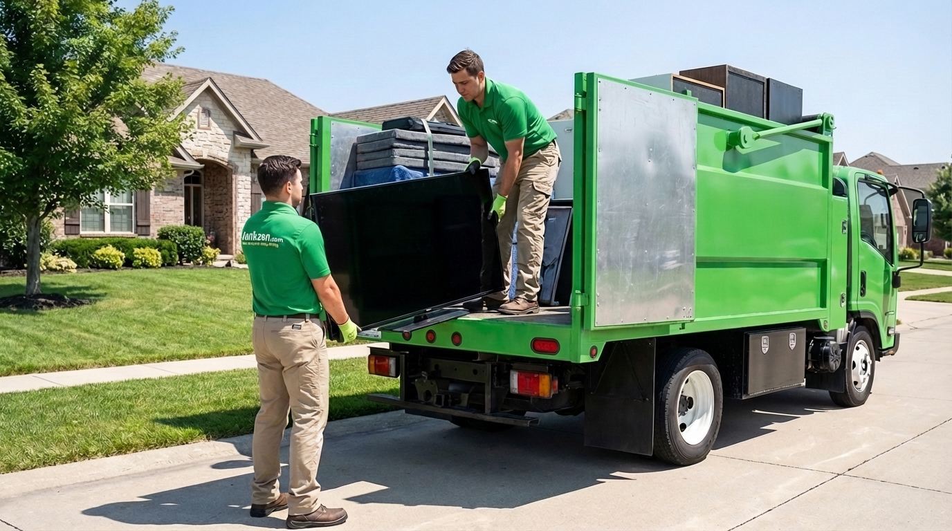 Two Junkzen team members in uniform, working together to safely load a large flat-screen TV onto the back of a clean Junkzen branded removal truck.