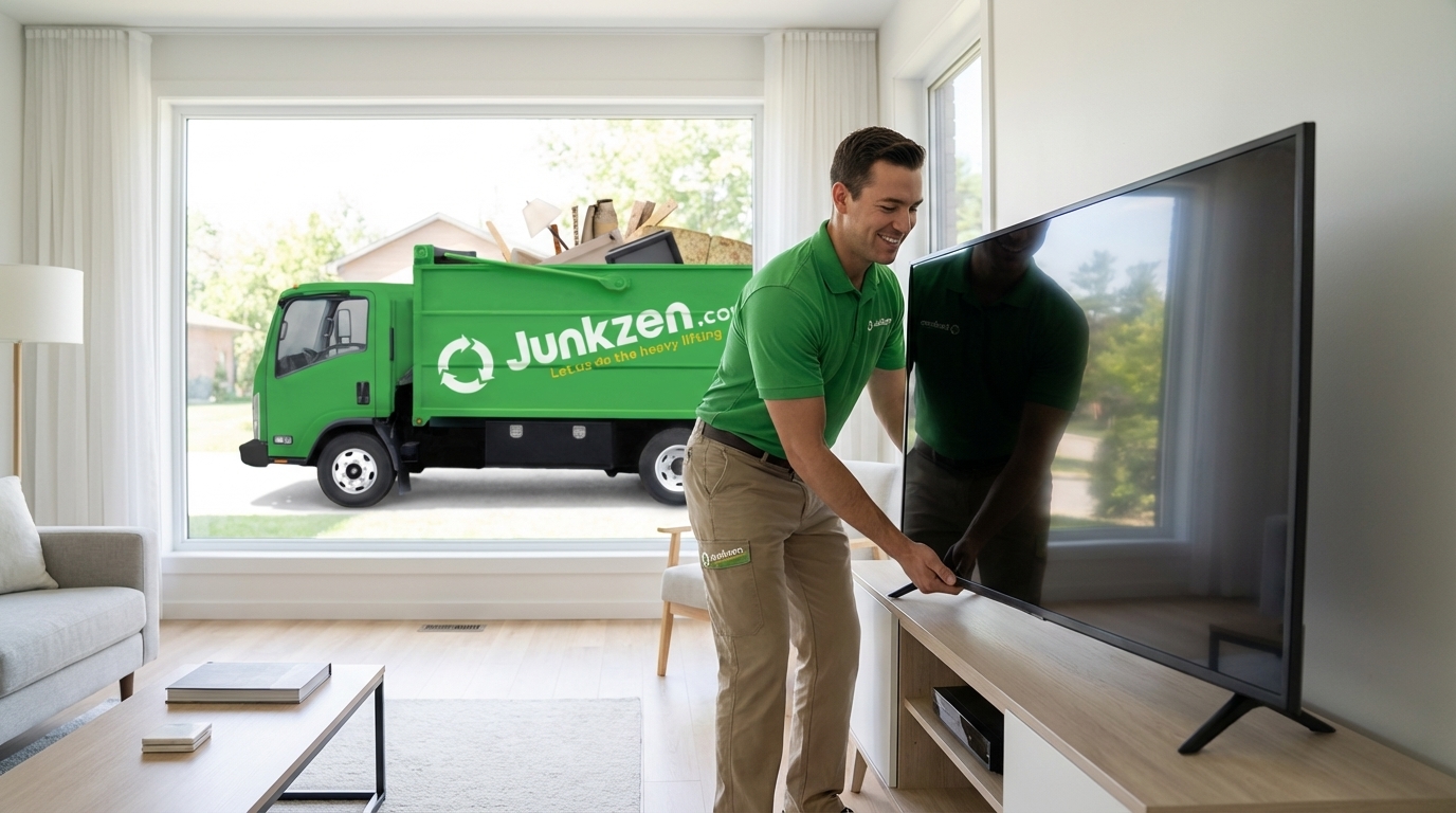 A single Junkzen team member in uniform, smiling, carefully removing a flat-screen TV from a modern, clean living room. The Junkzen truck with the logo is visible in the driveway through a large window in the background.