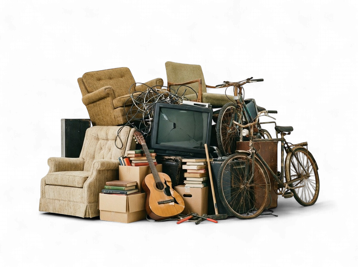 A professionally shot hero image of neatly arranged junk items on a white background