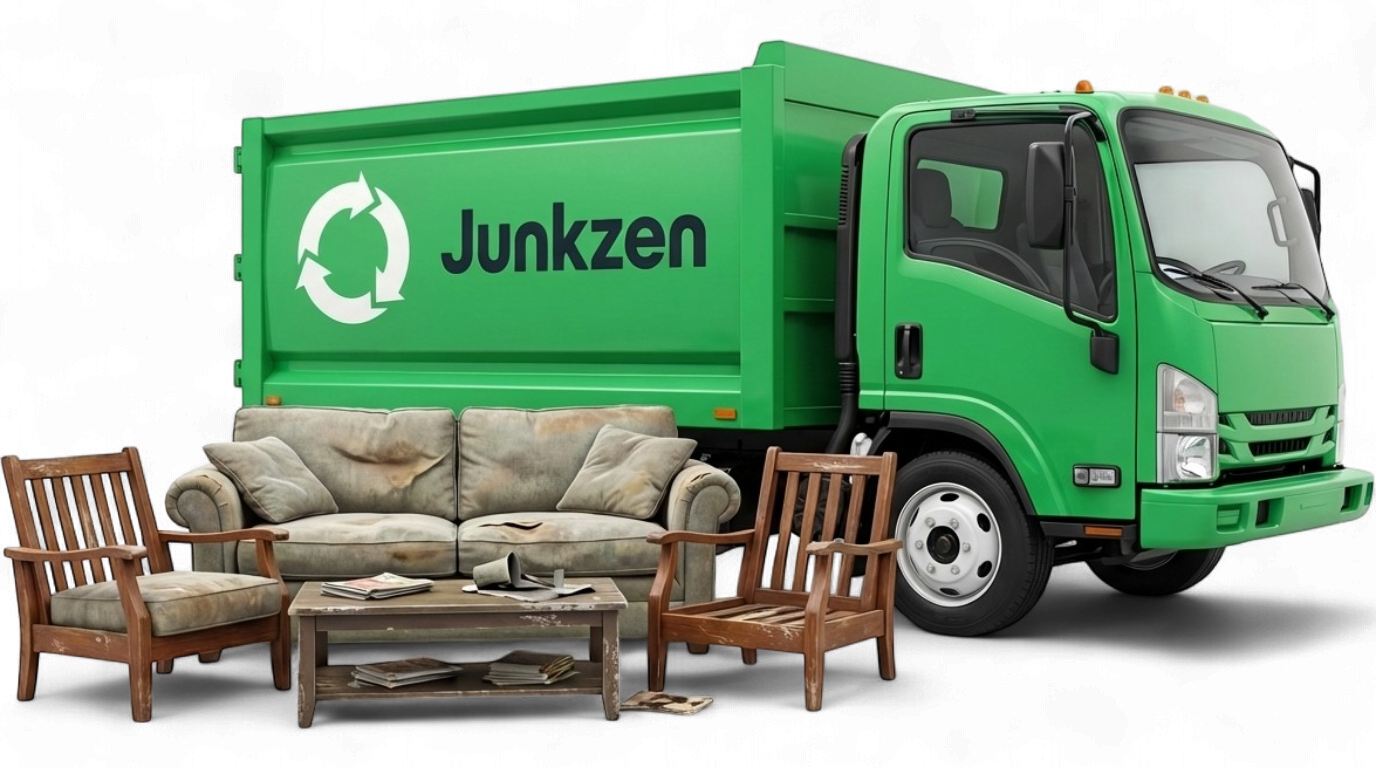 Junkzen junk removal truck with a clean, minimalist, and aesthetically pleasing Apple-style composition