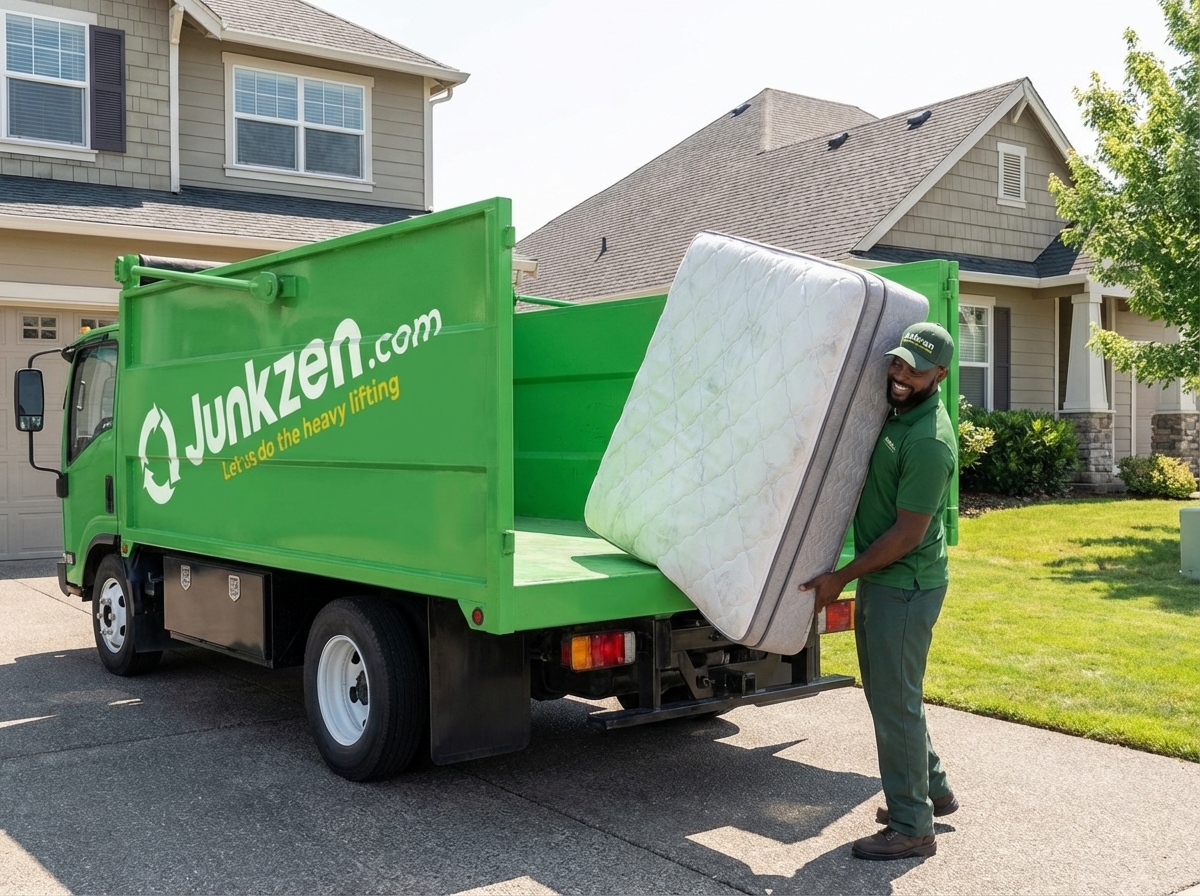 Junkzen crew member loading a mattress into the truck