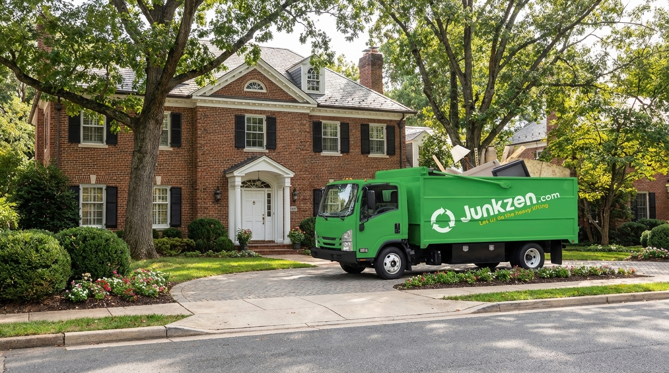 Junkzen junk removal truck parked in front of a Chevy Chase, Maryland home