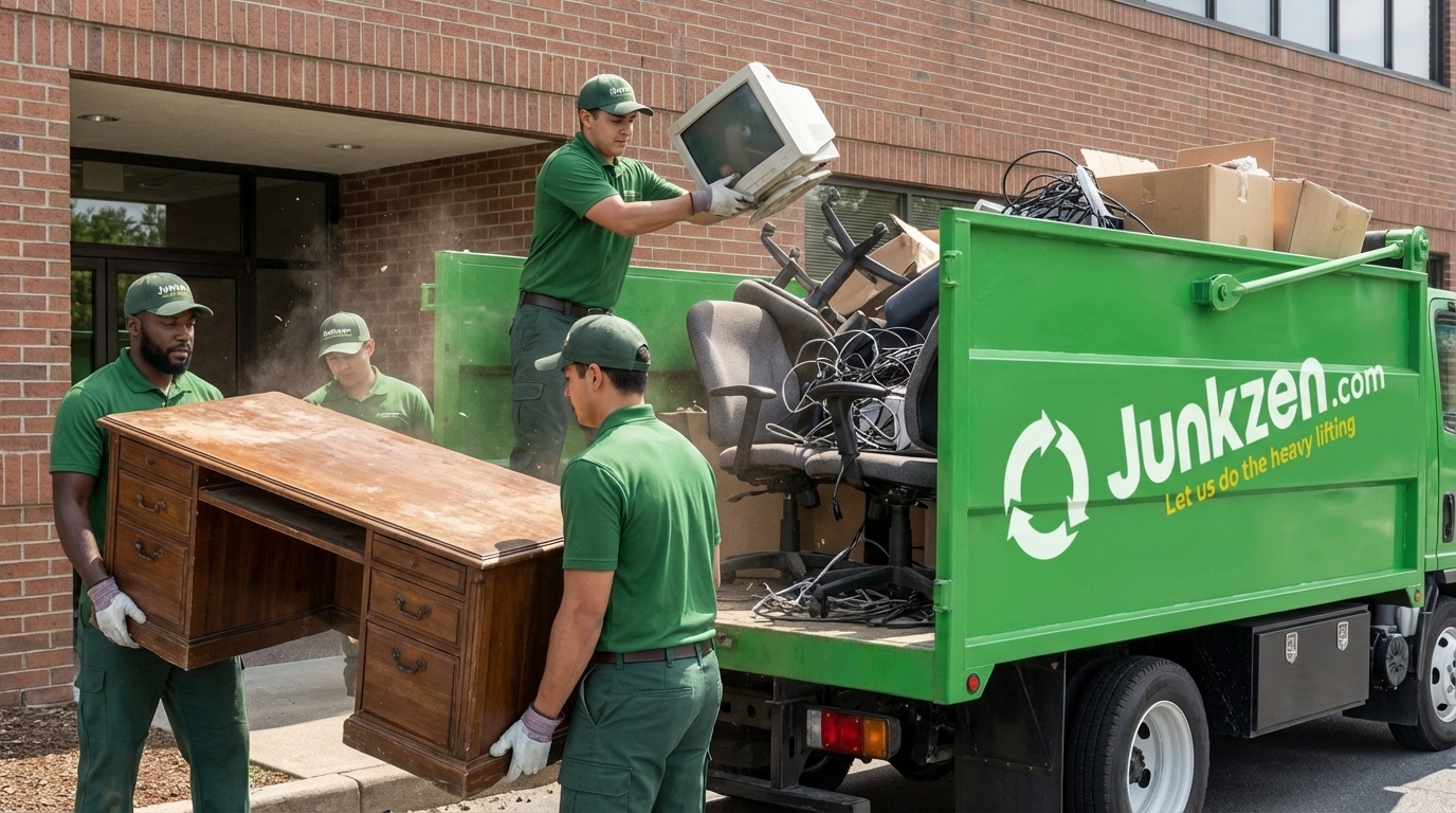 Junkzen team efficiently loading various office junk items into a truck