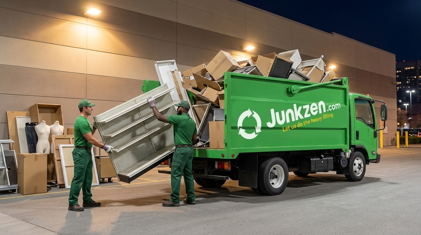 Junkzen team efficiently loading various retail junk items into a truck