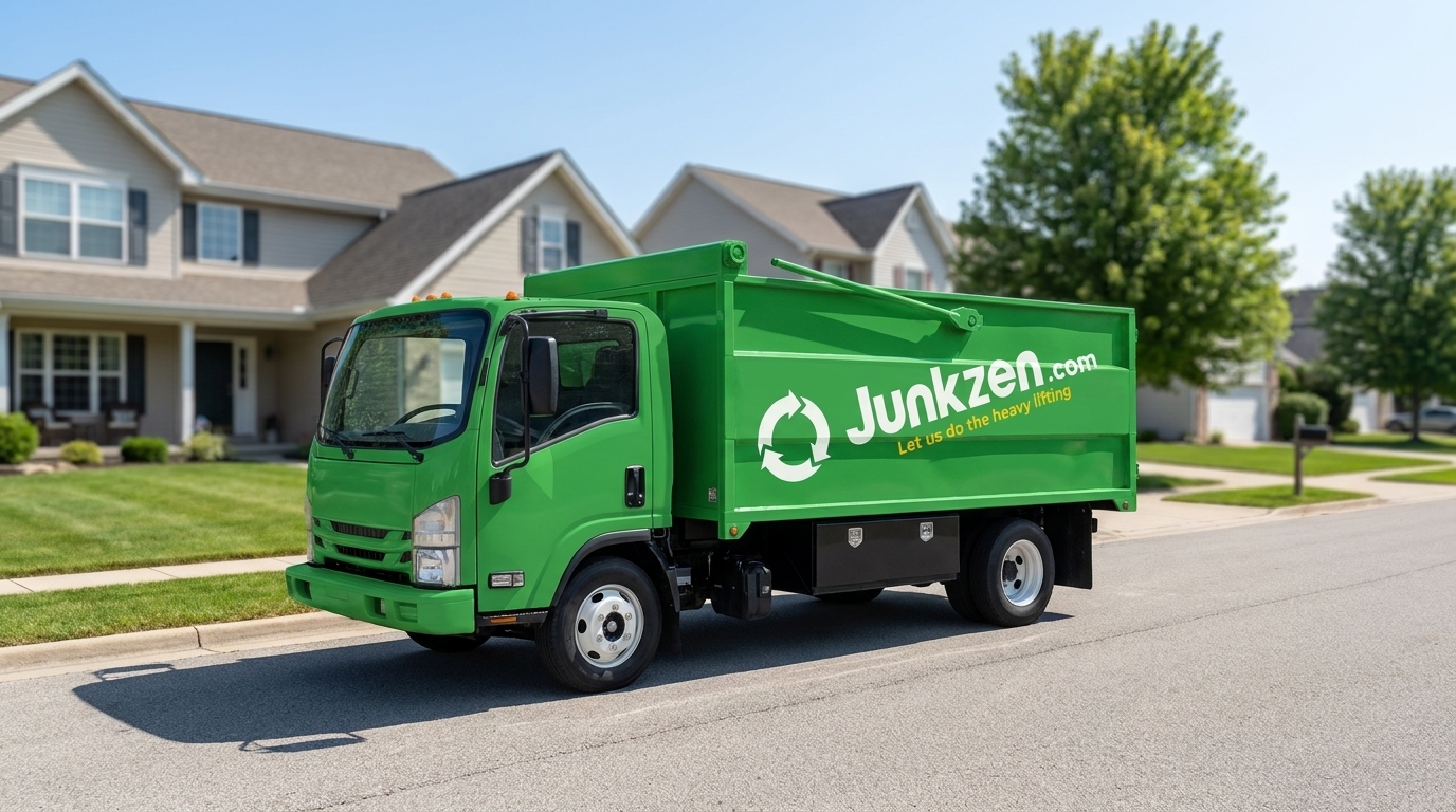 Junkzen branded green hauler truck parked on a quiet suburban street