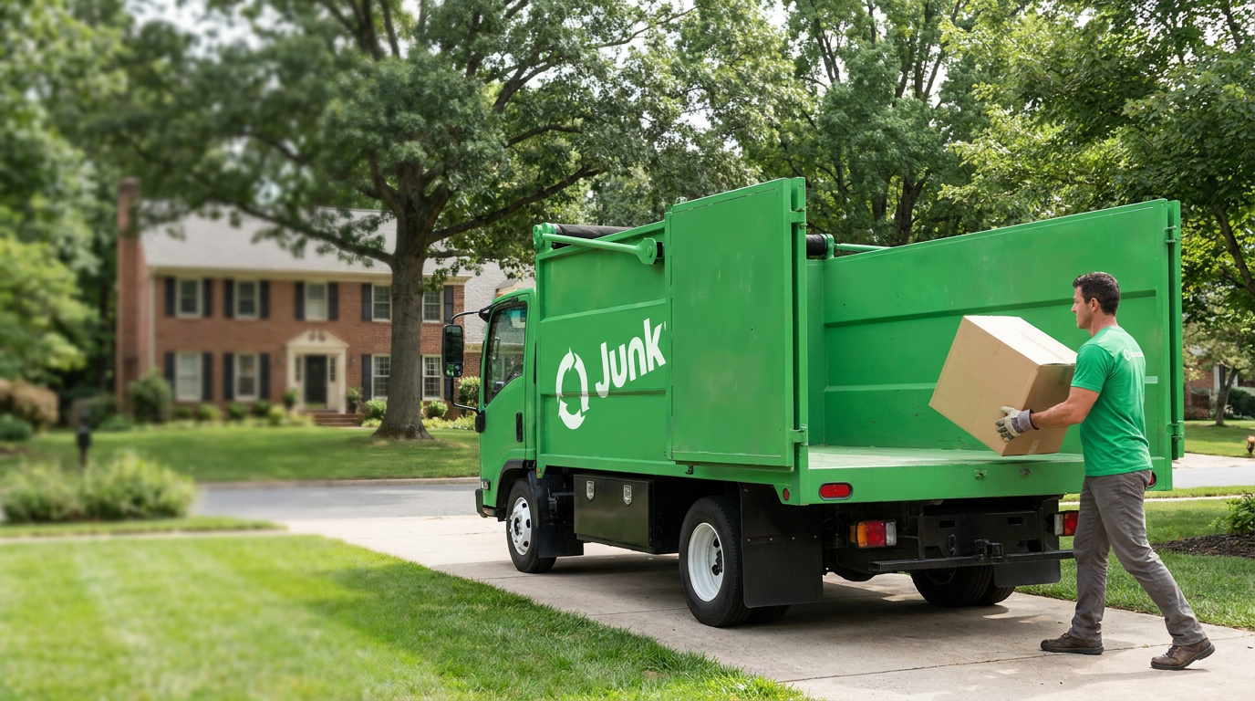 Junkzen crew member loading a box into a green dump-body truck on a suburban driveway